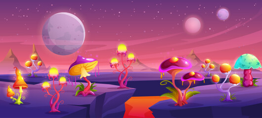 Obraz na płótnie Canvas Fantasy mushroom planet surface. Alien forest, magic space fungus world and giant mushrooms land cartoon vector panoramic background illustration