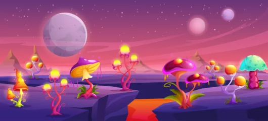 Fotobehang Warm Paars Fantasy mushroom planet surface. Alien forest, magic space fungus world and giant mushrooms land cartoon vector panoramic background illustration  © WinWin