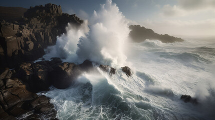 Raging Power: A Massive Tidal Wave Colliding with a Rocky Coastline, generative AI