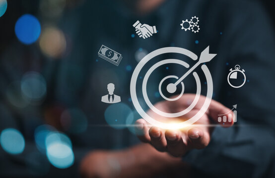 strategy, goal, success, target, social network, aim, futuristic, marketing, performance, achievement. at hand palm has bullseye. around that's social network target and strategy goal. aim and select. - Powered by Adobe