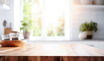 AI generative. Empty wooden table in front of blurred kitchen background - obrazy, fototapety, plakaty