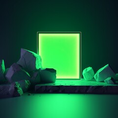 3D render abstract neon green background with glowing squares