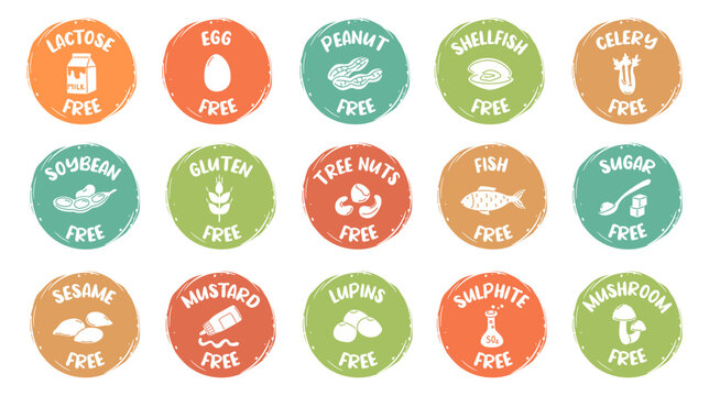 Hand drawn allergen free icons. Signs that food product is safe for people with allergies, no sugar, lactose and gluten badge stickers vector set