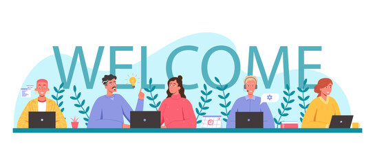 Welcome team. New worker or team member welcome word, new member celebration message banner vector illustration