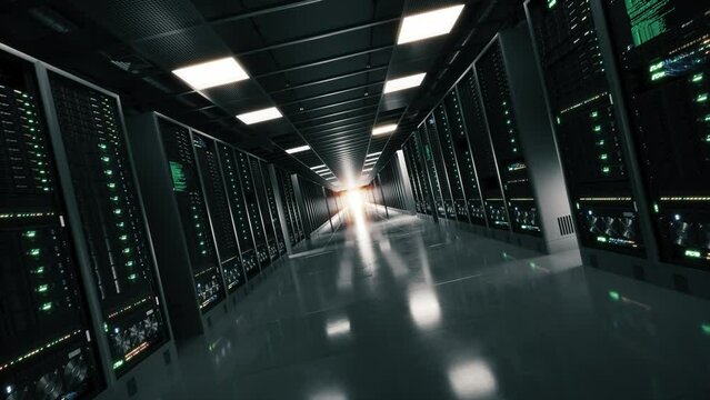 Working data center with rows of rack servers. Servers racks walkthrough in modern data center