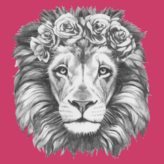 Portrait of Lion with floral head wreath. Hand-drawn illustration. Vector