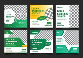 Lawn mower gardening service social media post design template, square web banner, Instagram post banner, cover design