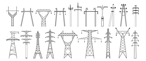 Electric pylon silhouette. High voltage electric line, power transmission pole types and energy network towers vector illustration set