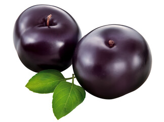 duas ameixas frescas com folha isoladas em fundo transparente 