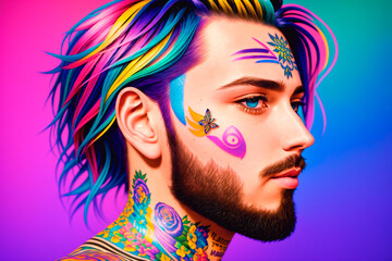 Portrait of a young gay man with colorful hair and tattoos on the face and body. Handsome homosexual. Generative AI.