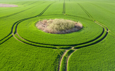 Luftbild eines Biotopes mit Traktorspuren im Feld in der Uckermark