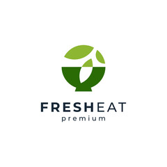 leaves and bowl for salad, vegan or healthy food logo	