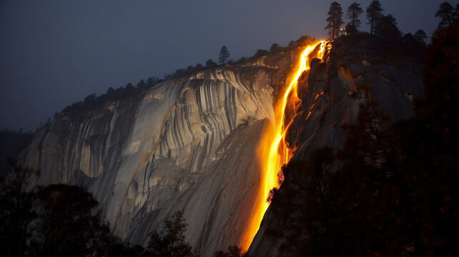 Nature's Spectacle: A Rare Firefall in Yosemite National Par, generative AI