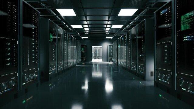 Data center interior with server racks. Cloud computing datacenter server room