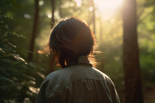 森の中に佇む女性、森の中、後ろ姿、女性、A Woman Standing In The Forest, In The Forest, From Behind, Woman, Generative AI