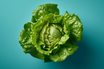 Fototapeta premium head of healthy lettuce isolated on a blue background, top view, created with generative ai
