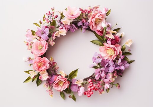 floral wreath with pink flowers on a white background Generative AI