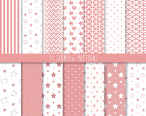 Scrapbook seamless pattern. Vector. Cute pink geometric background. Set textures with polka dot, stripe, zigzag, flower, star, check. Pastel illustration. Abstract retro print. Trendy pink backdrop.