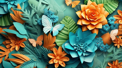3D Abstract Clay Bouquet Colorful Blossoms in Paper Craft Butterflies Orange Blue Leaves Floral Bright Vibrant