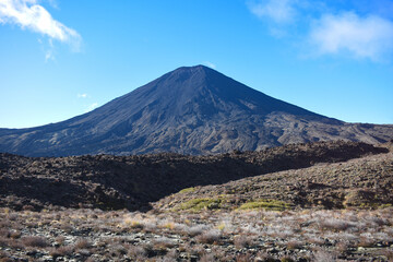 View of the Mt Ngauruhoe (Mount Doom) volcanic cone from the trekking route of the Tongariro Alpine...