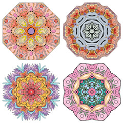 Hand drawn zentangle set of 4 color mandalas for decoration