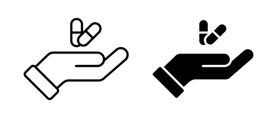 Hand with pill vector icon set. Drug symbol. Medicament and pharmaceutical sign