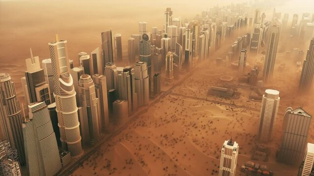 Sandstorm in the city. Dubai covered in sand. Sandstorm in the city