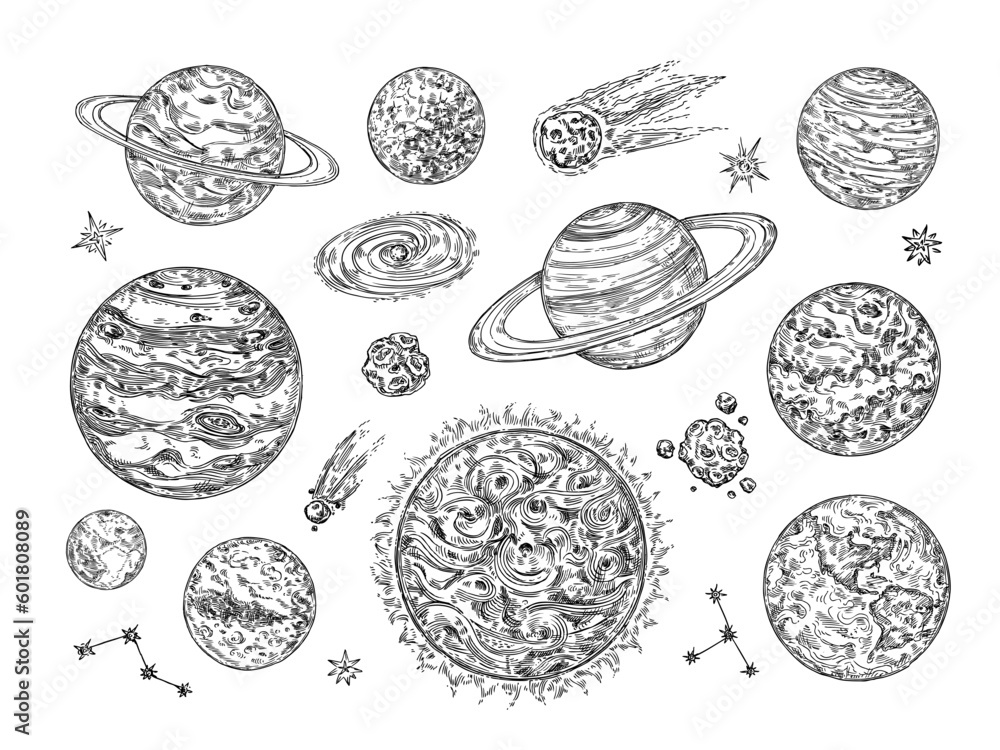 Wall mural sketch solar system planets. hand drawn comet, moon, star, galaxy and space objects vector illustrat