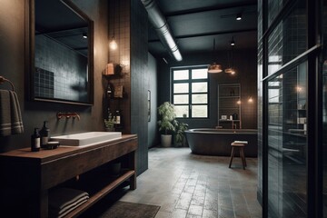 Contemporary bathroom with an industrial twist. Generative AI