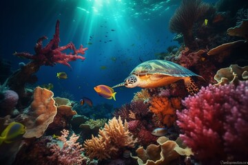 Colorful underwater world with a turtle, coral, fish, and reef seen while diving or scuba diving in the ocean. Generative AI