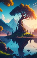 Fototapeta na wymiar Fantasy Hand Drawn Landscape With Mountains and Trees