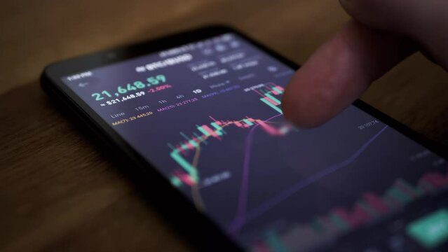 Trader is Viewing a Graph of Bitcoin Price Changes in a Smartphone, Online. Stock market, cryptocurrency trading. Finger touches screen. Financial indicators, crypto growth, fall data. Forex chart.