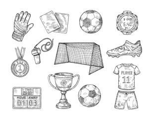 Sketch football elements. Hand drawn soccer ball, sports uniform, championship cup and soccer goal vector illustration set - obrazy, fototapety, plakaty