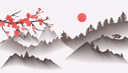 Chinese landscape painting. Oriental asian background with foggy mountains and sakura blossom branch vector illustration © WinWin