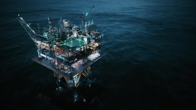 Aerial view of offshore jack up drilling rig at night. Offshore oil and gas industry, sea oil production. Night view of oil and gas platform