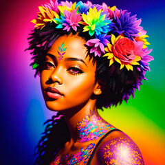 Obraz na płótnie Canvas Portrait of a handsome young african american woman with colorful hair and tattoos on face and body. Generative AI.