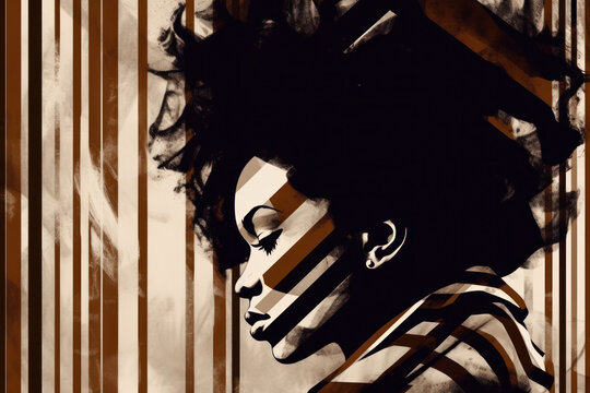 Generative AI sepia and brown colored illustration of thoughtful young African American female with dark hair looking away