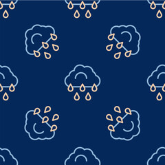 Line Cloud with rain icon isolated seamless pattern on blue background. Rain cloud precipitation with rain drops. Vector