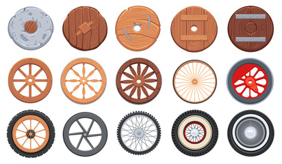 Ancient wheel. Wooden wheelbarrow, rusty wagon and old stone wheels. Retro car tires cartoon vector game design assets set