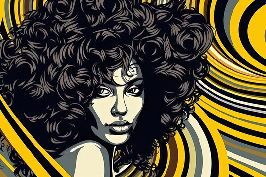 retro styled illustration of young African American female model with curly dark hair looking away against striped yellow black and gray background