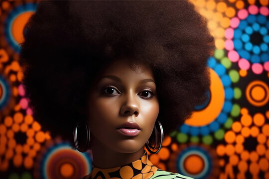 gorgeous young black female model with dark Afro hair looking at camera against colorful background with ethnic ornaments