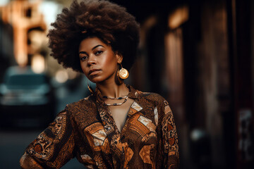 Generative AI illustration of self assured gorgeous young African American woman with curly brown hair in trendy sunglasses and ethnic outfit standing on city street