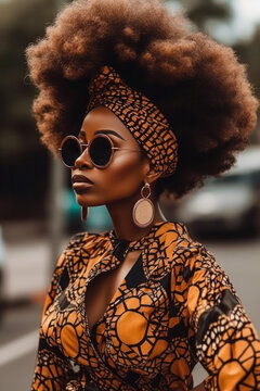 Generative AI illustration of self assured young African American woman with curly brown hair in and ethnic outfit on city street