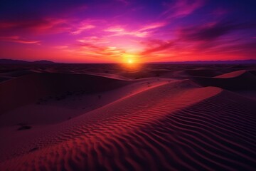 Fototapeta na wymiar Stunning sunset scene over desert dunes. Magenta gradient night sky wallpaper. Generative AI