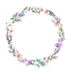 Obraz na płótnie Canvas Floral wreath. Watercolor field flower round frame. Wildflowers isolated on white background. Meadow flowers circle border.
