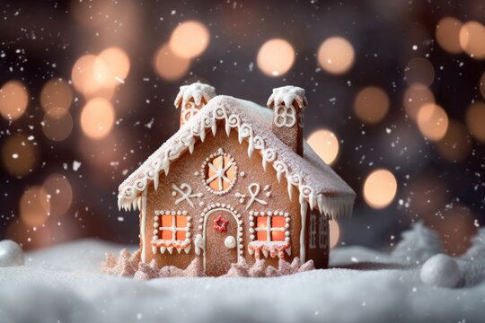 Weihnachtliches Lebkuchenhaus mit Bokeh-Hintergrund, Generative AI