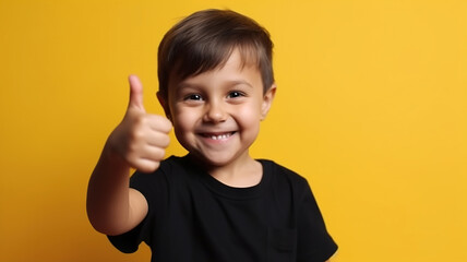 Smiling Happy little kid boy Showing thumb up. Casual clothes isolated on orange wall background studio portrait. Excited school child. Childhood lifestyle concept. Mock-up copy space. generative ai