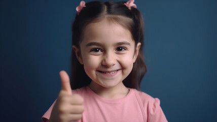 Smiling Happy little kid girl Showing thumb up. Casual clothes isolated on blue wall background studio portrait. Excited school girl. Childhood lifestyle concept. Mock-up copy space. generative ai