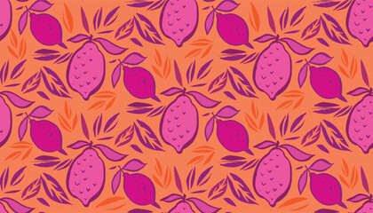 Fototapeta na wymiar Lemon fruit summer seamless pattern background with various tropical fruit Cute vector hand drawn doodle art illustration for packaging design, cover, packages, clothing, textile