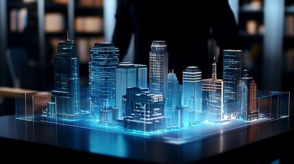 Digital city hologram close up. Generative ai